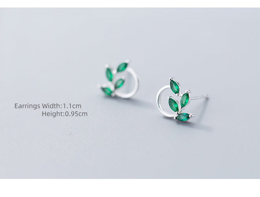 S925 Silver Female Japanese And Korean Literature And Art Small Fresh Diamond Leaf Earrings