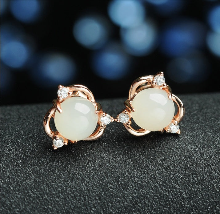 Ice Transparent Chalcedony Flower-Shaped Vintage Jade Three-Petal Earrings