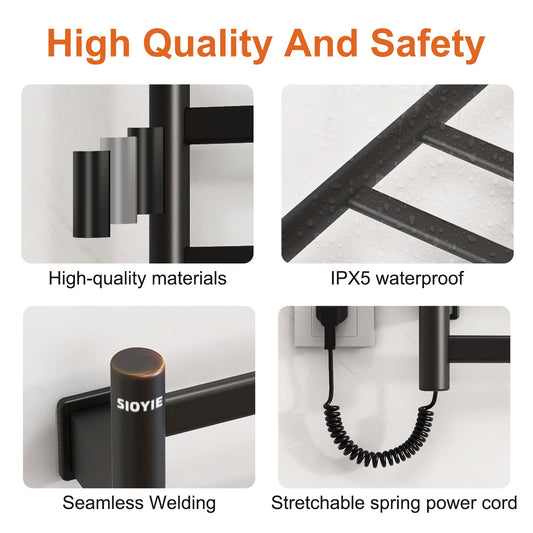 SIOYIE Towel Warmer Bathroom Wall Mounted 6 Bars Electric Towel Drying, 150 W 500 800 MM Heated Towel Rack With Intelligent Touch Screen Timer And Temperature Control Black Right