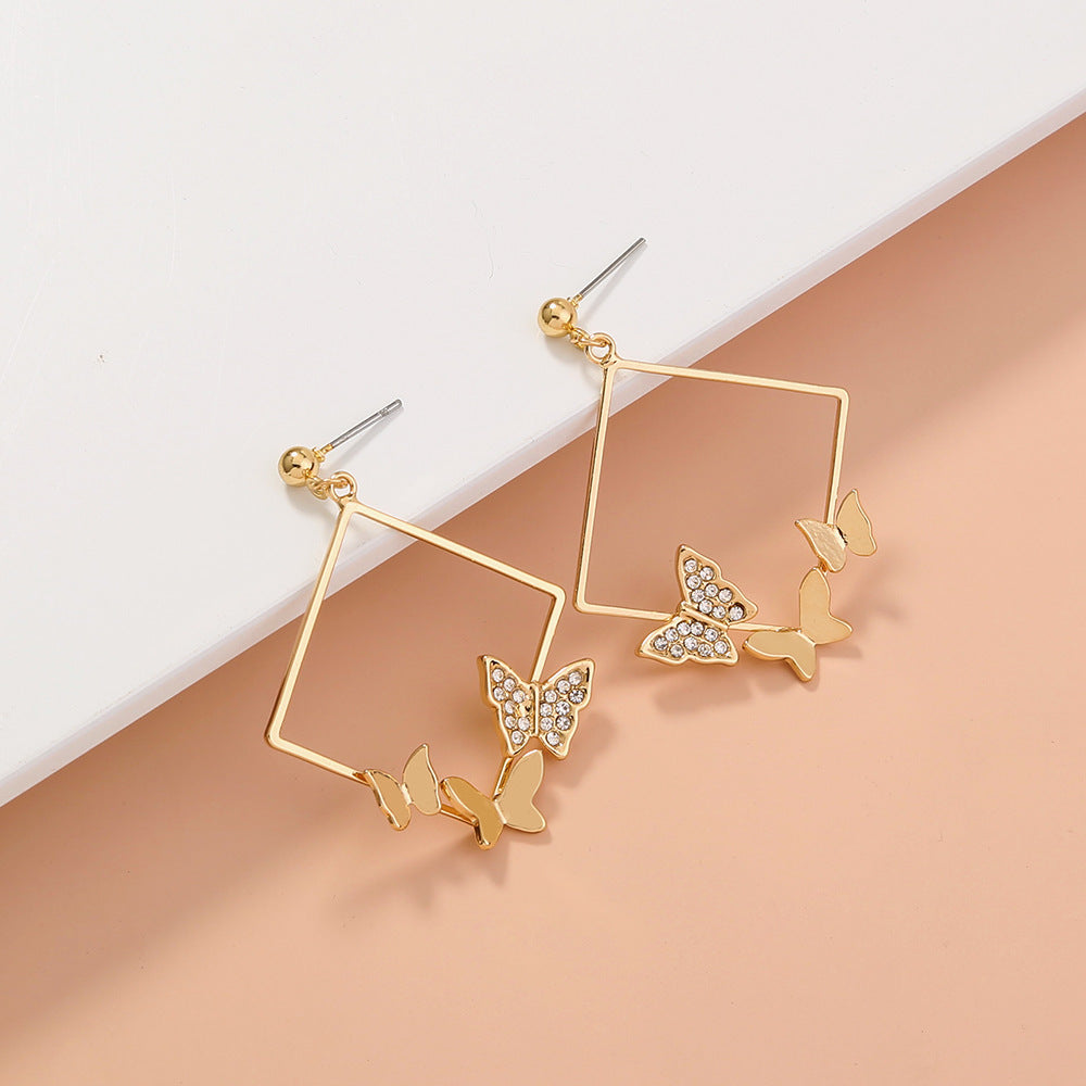 Geometric Fashion Diamond Three-dimensional Butterfly Temperament All-match Earrings