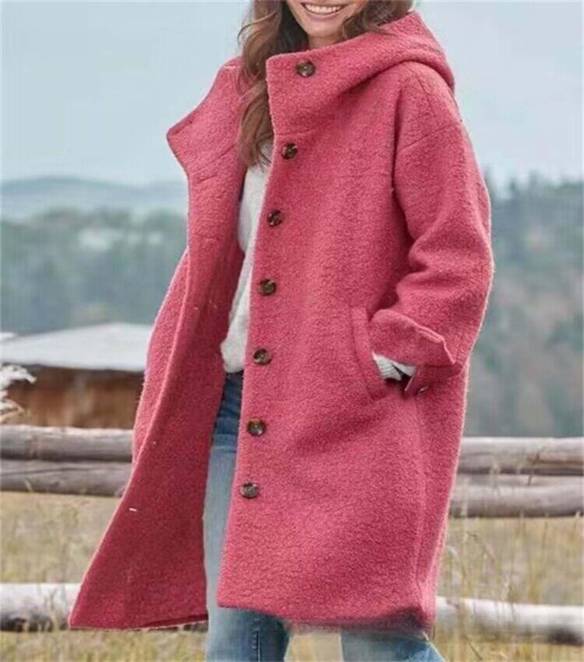 Elegant women's long woolen hooded outwear by CJdropshipping, featuring a pure color design and European American fashion style.
