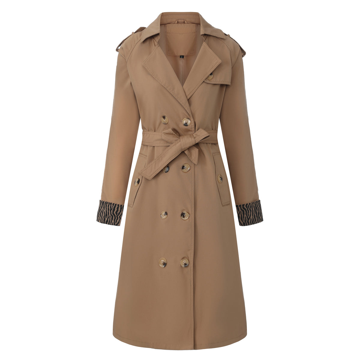 Women's trench coat with leopard print decoration, long-sleeve, double-breasted, European style, belt, fashion European size, CJdropshipping