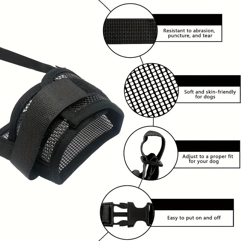 Dog mouth cover muzzle by CJdropshipping, anti-bite, anti-bark, and water drinking prevention for dogs, shown on a leash.