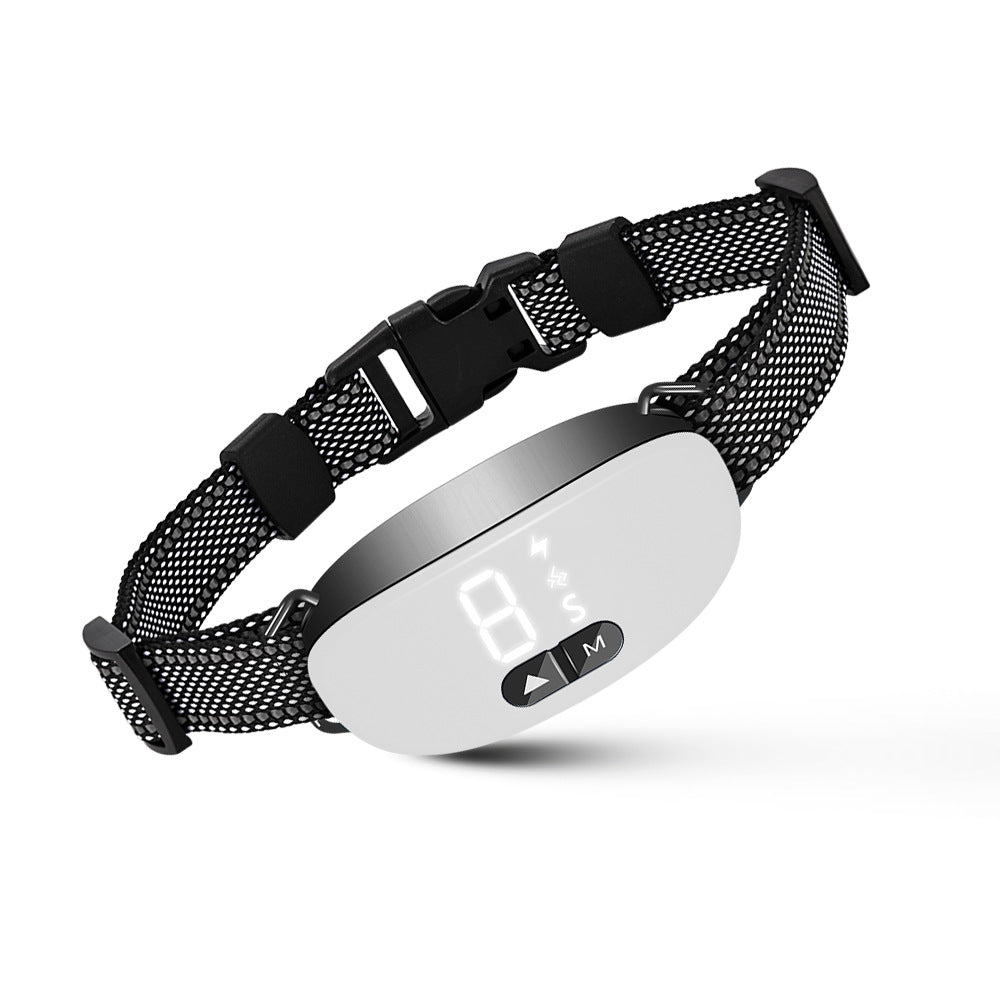 Black and white Bark Stopper dog barking prevention device with orange accents, designed to help reduce excessive barking.