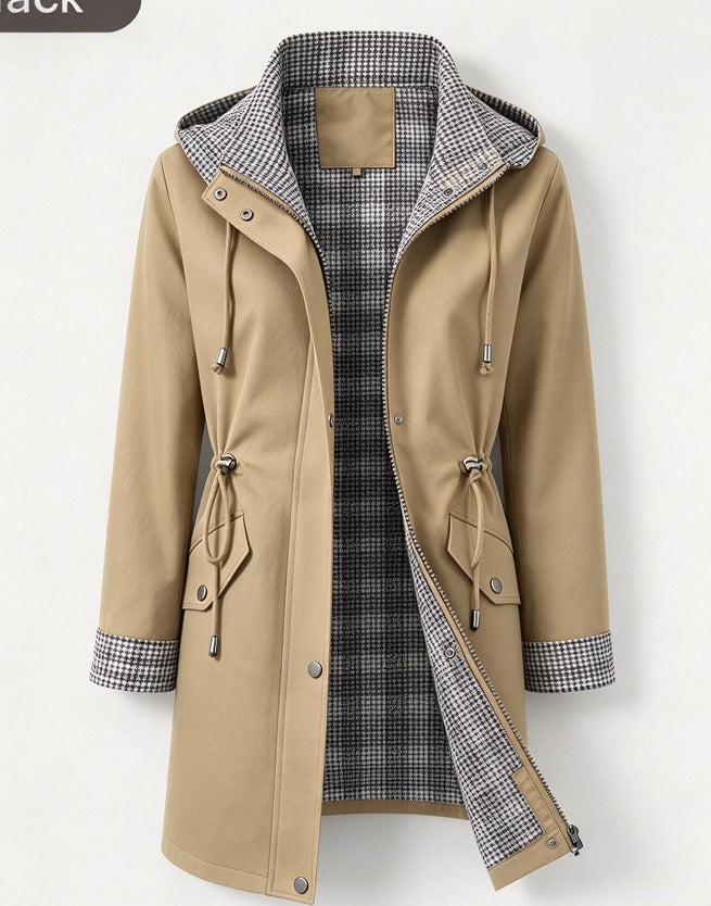 Women's hooded trench coat with plaid lining, mid-length casual jacket featuring a drawstring waist and outerwear style.