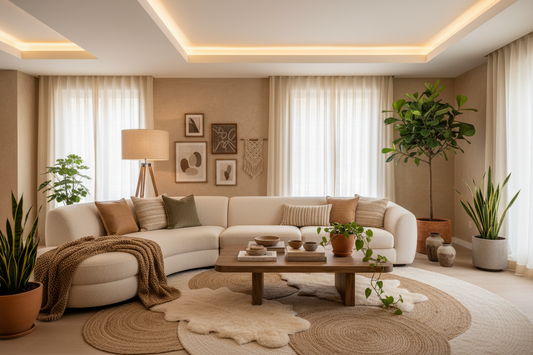 Cozy modern living room with comfortable furniture and warm home decor