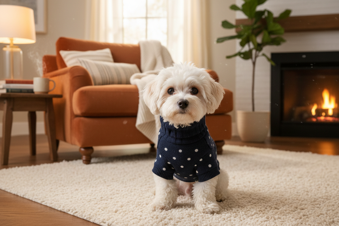 Stylish Dog Clothing: When and Why Your Pet Needs a Sweater: Small dog wearing stylish dot pattern turtleneck sweater indoors