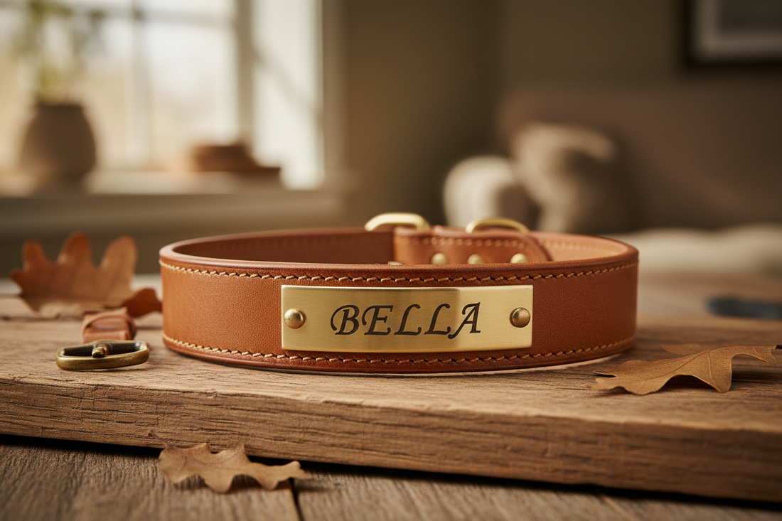 How to Choose the Perfect Dog Collar: Genuine leather dog collar with engraved nameplate on wooden surface