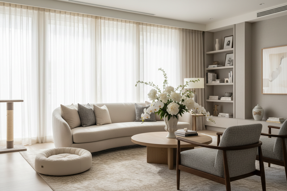 Home Decor Trends 2026: Cozy Comfort Meets Style: Cozy modern living room with curved sofa warm lighting and natural materials