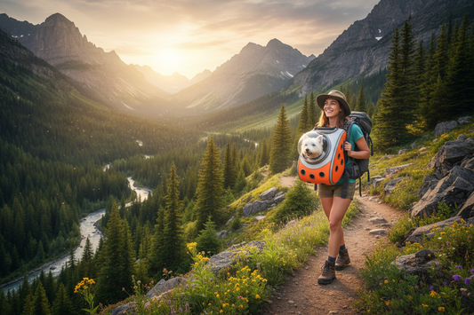  Complete Guide to Pet Travel Accessories: Small dog in breathable space capsule backpack carrier on hiking trail