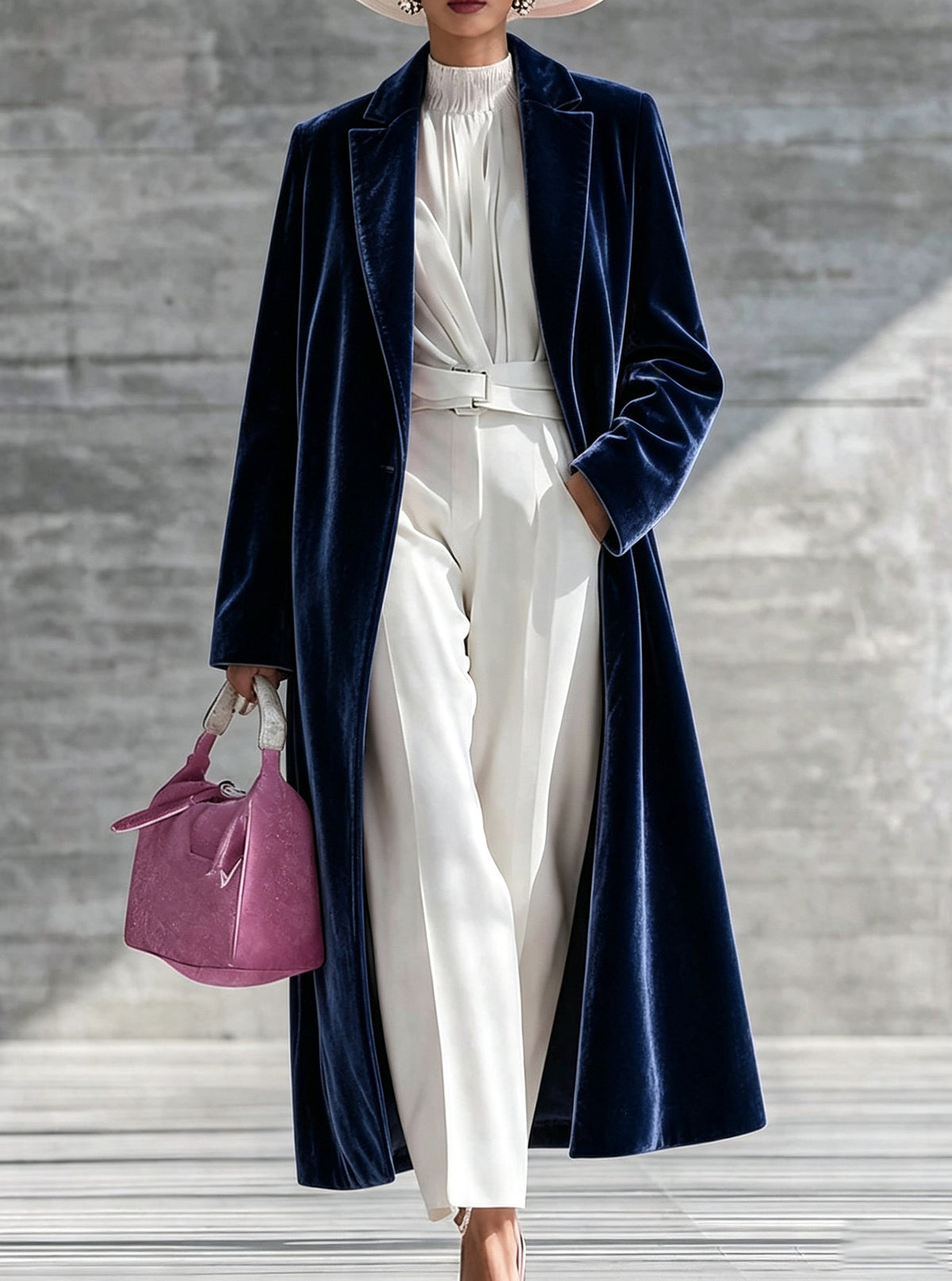 Women's long velvet coat with turn-down collar and over-the-knee length, stylish winter outerwear by CJdropshipping.