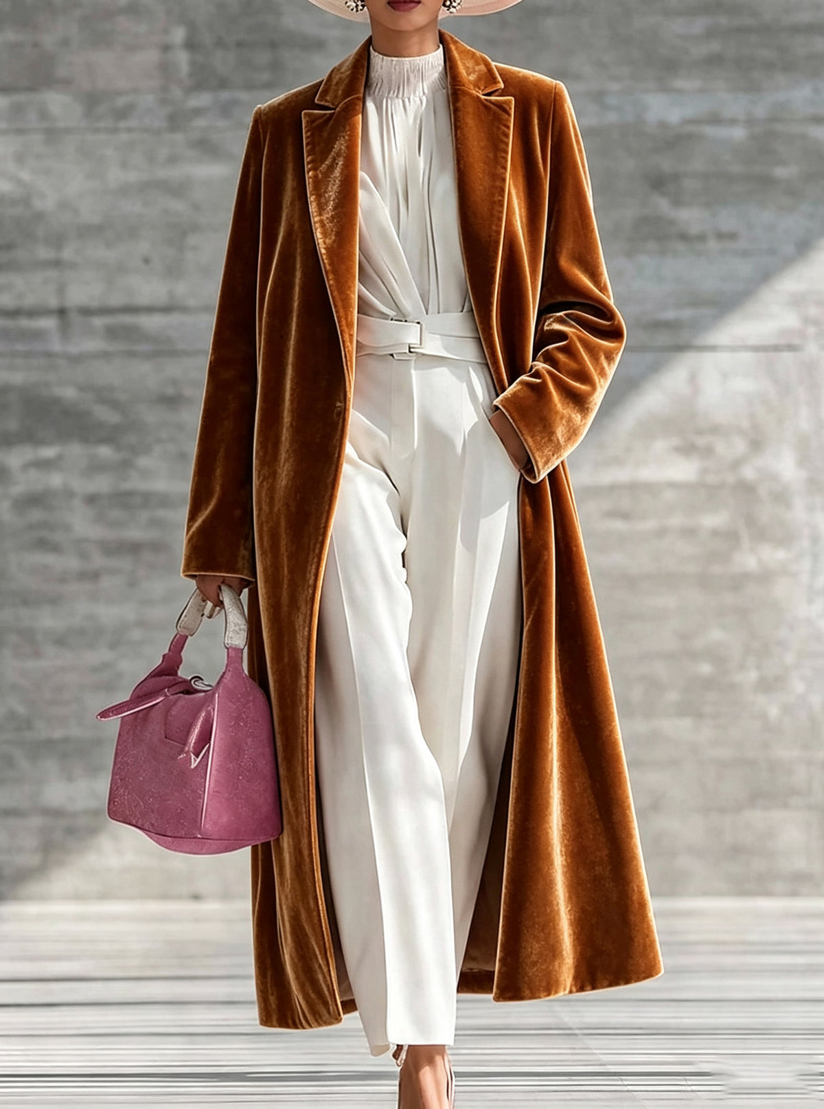 Women's long velvet coat with turn-down collar, over-the-knee length, black high-end winter jacket from CJdropshipping.