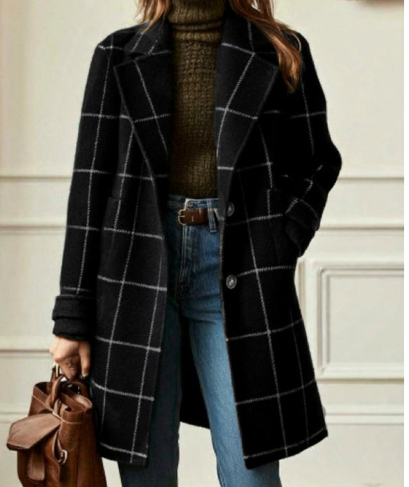 Medium-length plaid woolen coat by CJdropshipping featuring a classic pattern and cozy fabric, suitable for stylish cold weather wear.