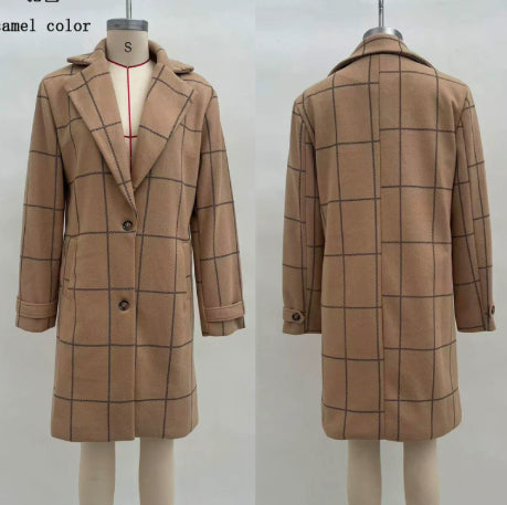Medium-length plaid woolen coat in 2026 style, featuring a classic pattern and tailored fit, designed by CJdropshipping.