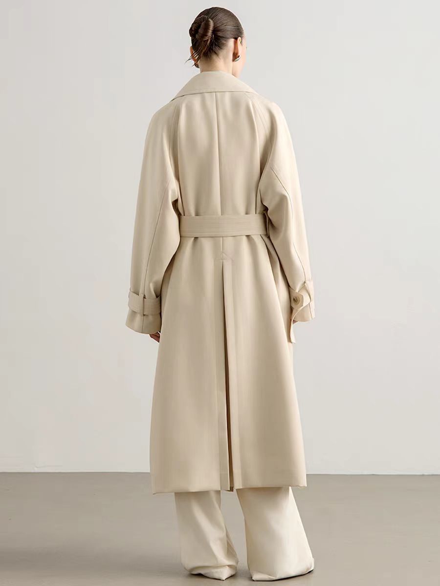 Classic belted long trench coat by CJdropshipping, shown in beige with a waist belt and double-breasted design.