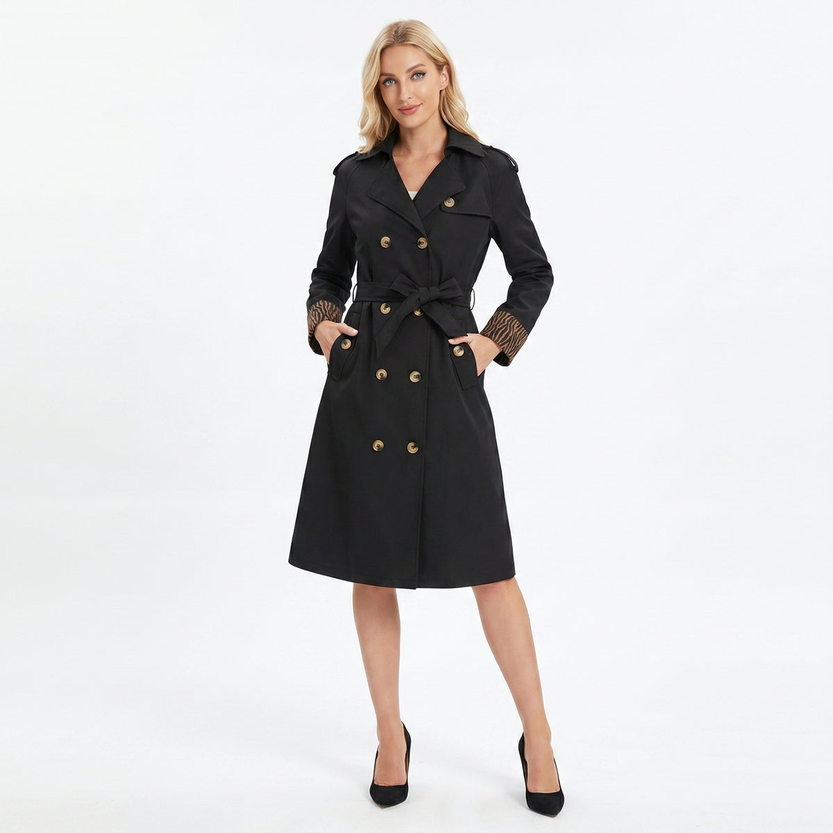 Women’s trench coat with leopard print detail, long-sleeve, double-breasted style, European size, fashion belt, European and American style.