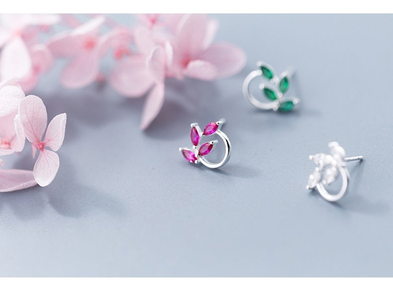 S925 Silver Female Japanese And Korean Literature And Art Small Fresh Diamond Leaf Earrings