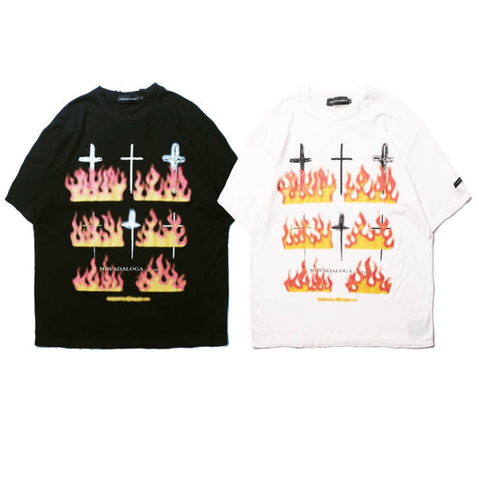 Hip-Hop Flame Printed Short-Sleeved T-Shirt