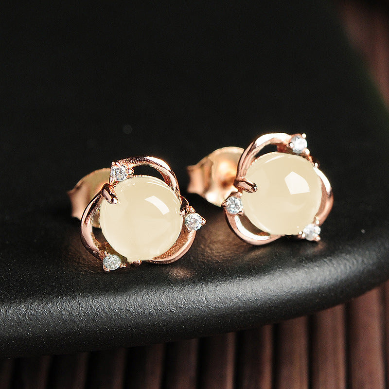 Ice Transparent Chalcedony Flower-Shaped Vintage Jade Three-Petal Earrings