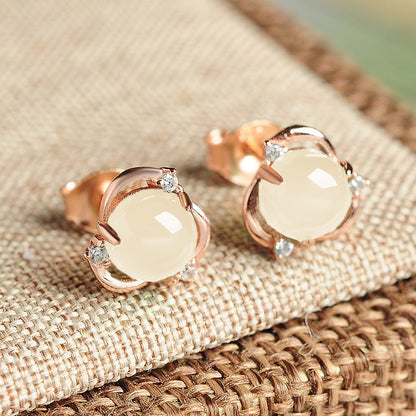 Ice Transparent Chalcedony Flower-Shaped Vintage Jade Three-Petal Earrings
