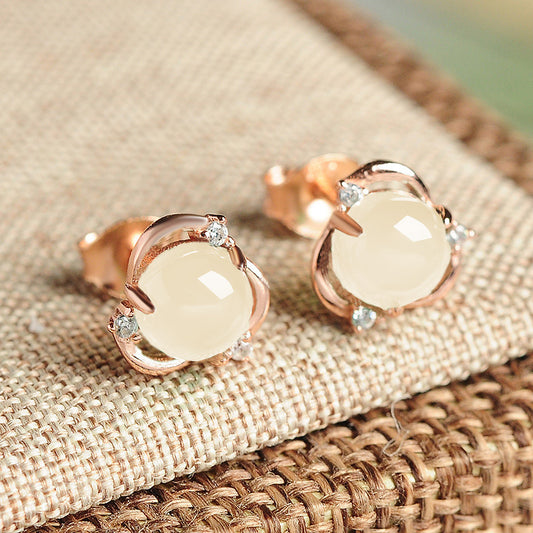 Ice Transparent Chalcedony Flower-Shaped Vintage Jade Three-Petal Earrings