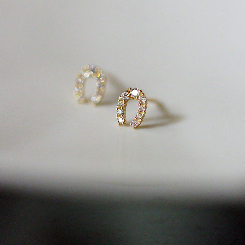 925 Sterling Silver 14K Gold Plated Earrings Full Of Diamonds And Micro Inlaid Zircons Lucky Horseshoe U Shape
