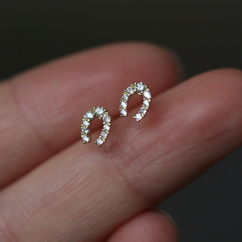 925 Sterling Silver 14K Gold Plated Earrings Full Of Diamonds And Micro Inlaid Zircons Lucky Horseshoe U Shape