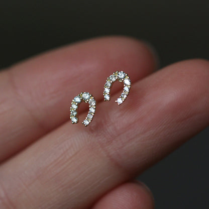 925 Sterling Silver 14K Gold Plated Earrings Full Of Diamonds And Micro Inlaid Zircons Lucky Horseshoe U Shape