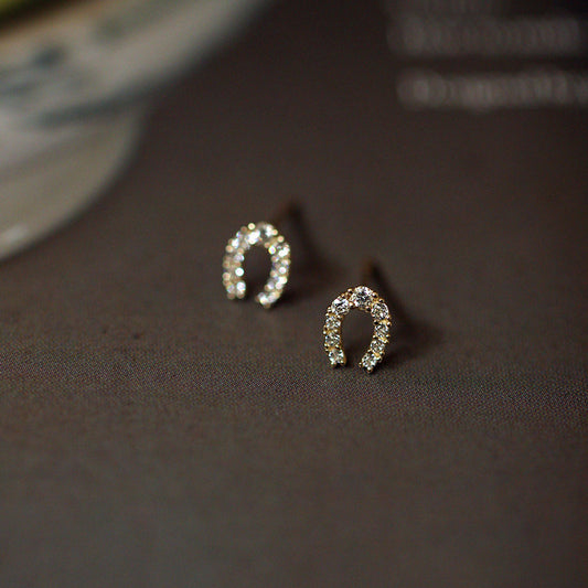 925 Sterling Silver 14K Gold Plated Earrings Full Of Diamonds And Micro Inlaid Zircons Lucky Horseshoe U Shape