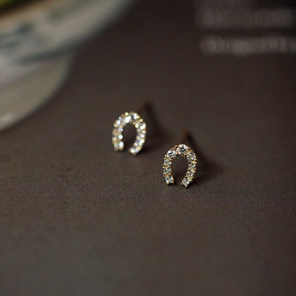 925 Sterling Silver 14K Gold Plated Earrings Full Of Diamonds And Micro Inlaid Zircons Lucky Horseshoe U Shape