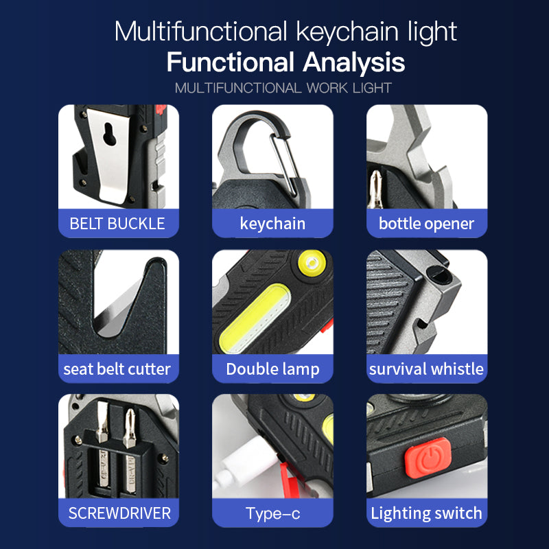 Lampe de poche d'urgence multifonctionnelle rechargeable, porte-clés, lumière de travail COB haute luminosité, lumière de maintenance, lampe LED de camping en plein air