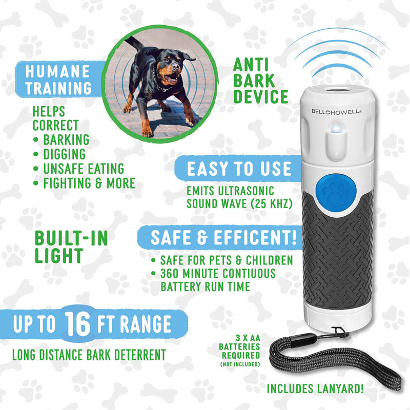 Ultrasonic handheld dog trainer and bark-stop device by CJdropshipping, showing a compact device in hand.