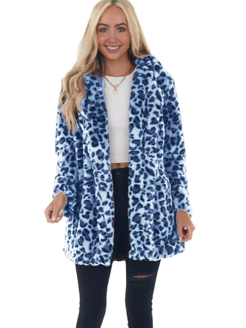 European and American leopard print winter fur outwear for women with side flap pockets and loose fit, stylish and elegant.
