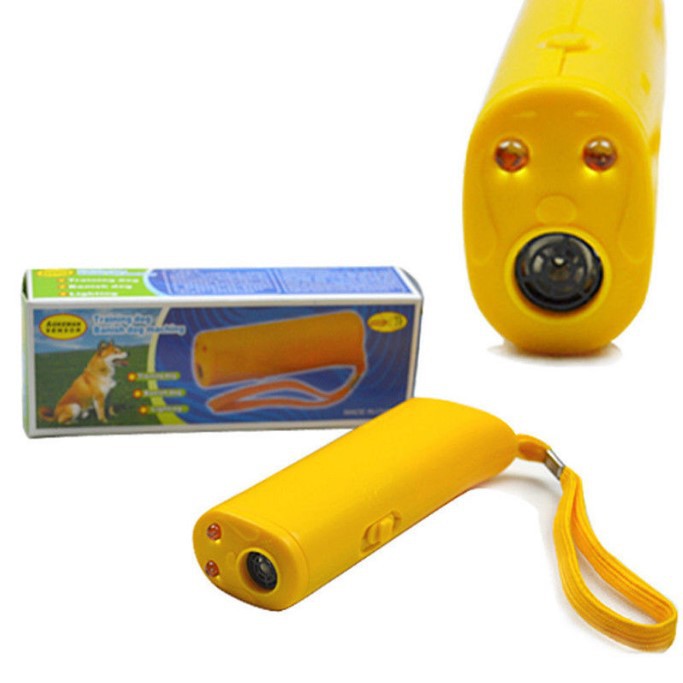 Boxed CJdropshipping ultrasonic dog trainer with bark control and flashlight, battery-free dog dispeller for bark correction.