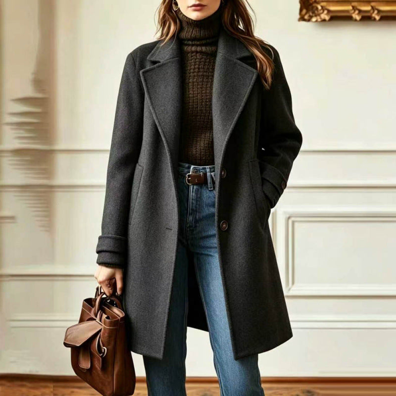Women's woolen mid-length lapel coat in retro casual style, suitable for autumn and winter, by CJdropshipping.