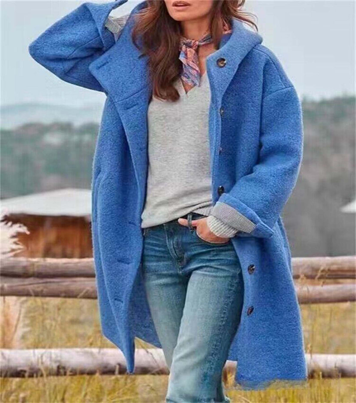 Elegant women's woolen long outwear with hood, pure color, stylish cross-border European and American fashion by CJdropshipping.