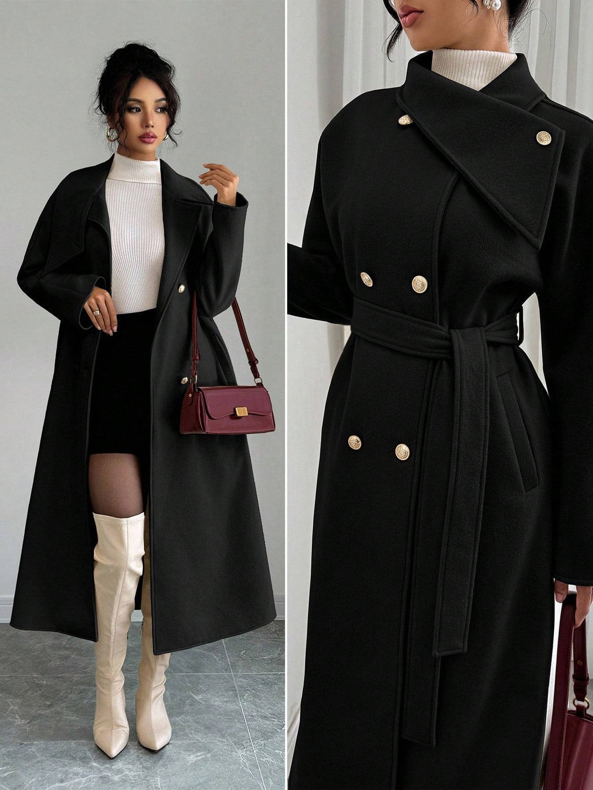 Stylish double-breasted warm woolen coat by CJdropshipping, suitable for autumn and winter, featuring European and American fashion style.
