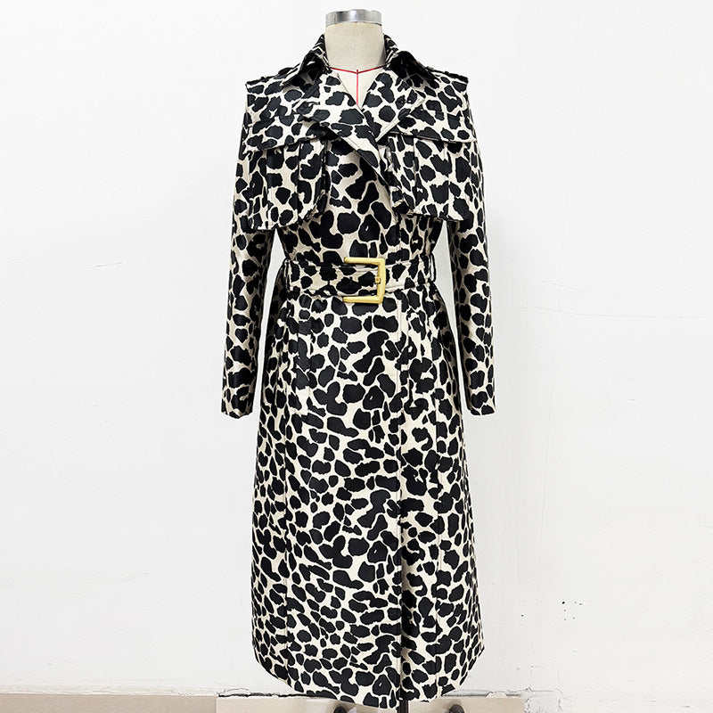 Leopard pattern jacquard belted long trench coat by CJdropshipping, featuring classic lapels and a stylish, fitted silhouette.
