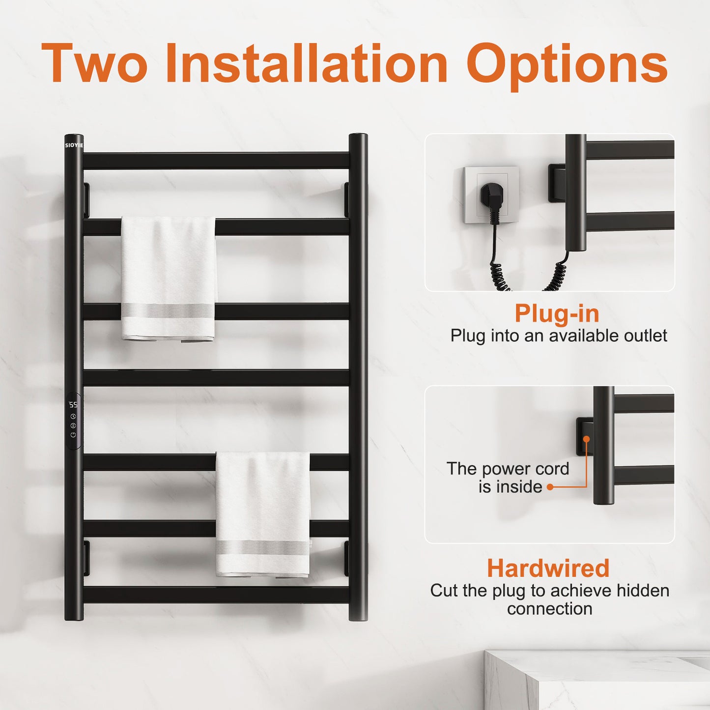SIOYIE Towel Warmer Bathroom Wall Mounted 6 Bars Electric Towel Drying, 150 W 500 800 MM Heated Towel Rack With Intelligent Touch Screen Timer And Temperature Control Black Right