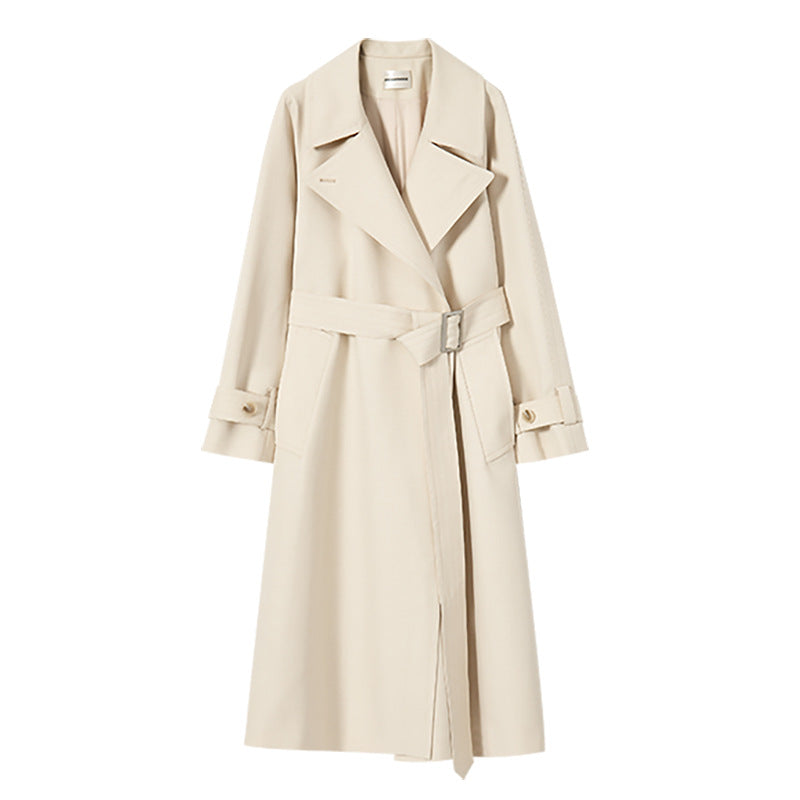 Long beige trench coat with a belt, classic style, featuring double-breasted buttons and a tailored fit, by CJdropshipping.