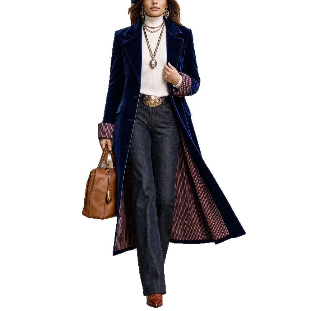Women's long velvet coat from CJdropshipping's Independent Station 2026 autumn and winter collection, featuring contrast color lace details.