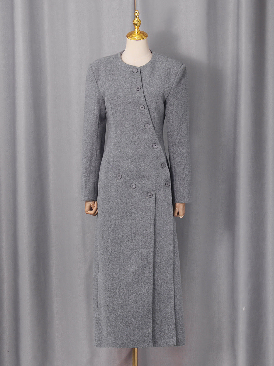 Asymmetric buttoned tweed midi dress coat by CJdropshipping, featuring a stylish design with unique buttons and textured fabric.