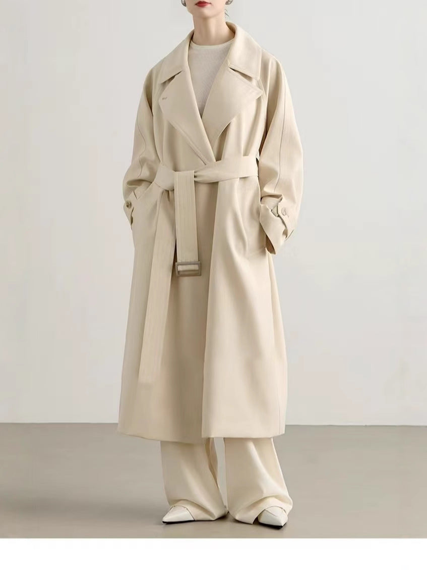 Classic belted long trench coat in neutral color, featuring a tailored fit and stylish lapel collar, by CJdropshipping.