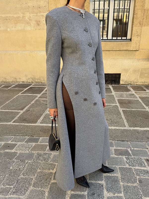 Asymmetric buttoned tweed midi dress coat in neutral tones, stylish and tailored, featuring a unique asymmetrical design and classic tweed fabric.