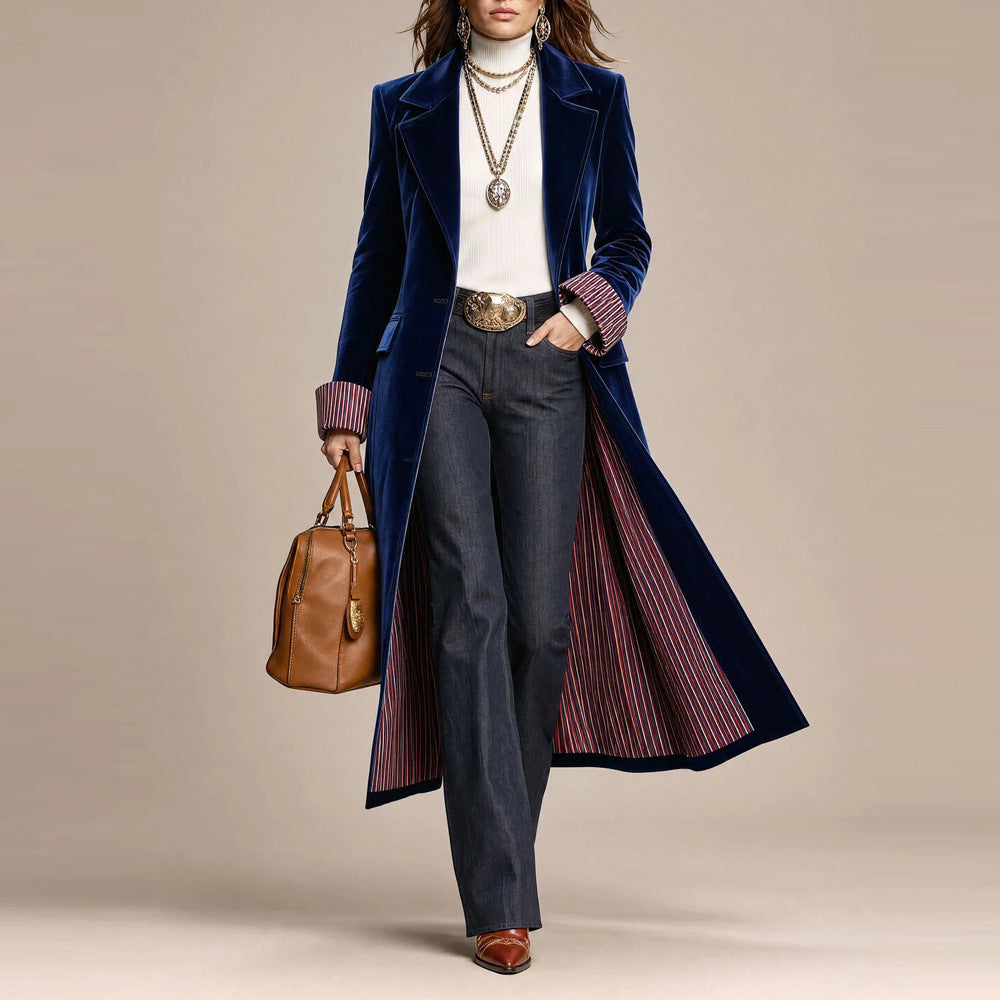Women's long velvet coat with contrast color lace details from CJdropshipping, ideal for autumn and winter European and American fashion.