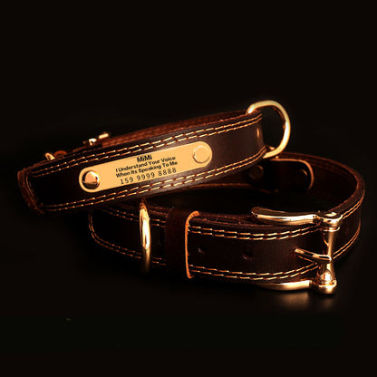 Genuine Leather Dog Collars with Engraved Nameplate