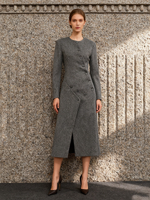 Asymmetric buttoned tweed midi dress coat in stylish design, featuring a classic tweed pattern and modern silhouette.