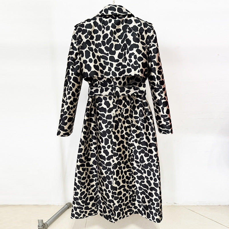 Leopard pattern jacquard belted long trench coat by CJdropshipping, featuring a stylish silhouette and button details.