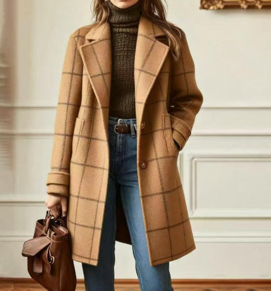 Medium-length plaid wool coat from CJdropshipping featuring classic pattern and cozy fabric, ideal for stylish winter wear.