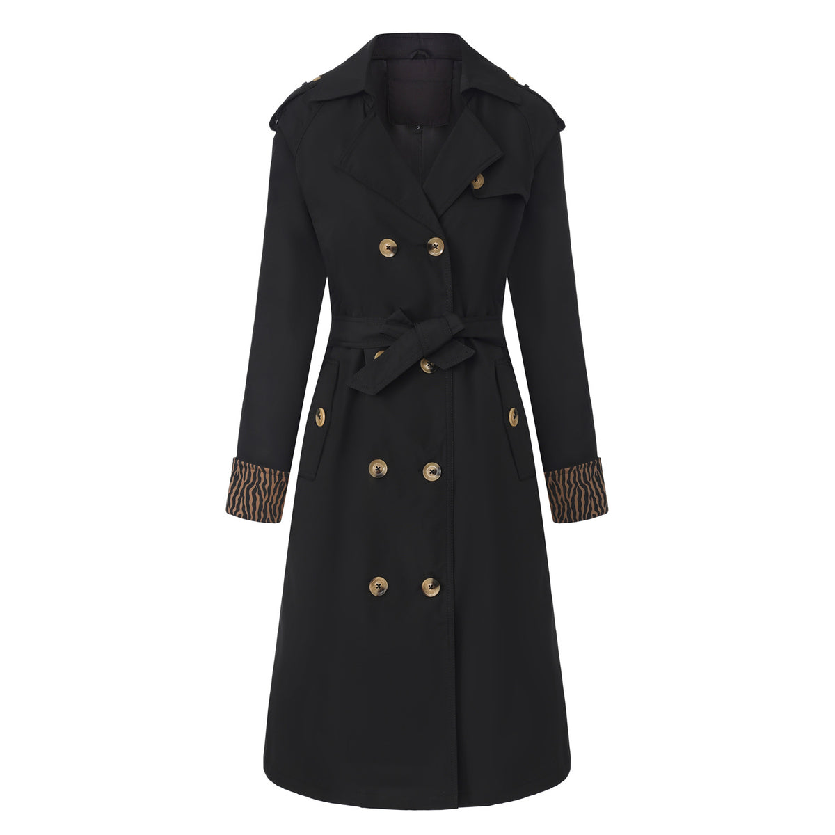 Women's trench coat with leopard print decoration, long sleeves, double-breasted style, belt, European and American fashion design.